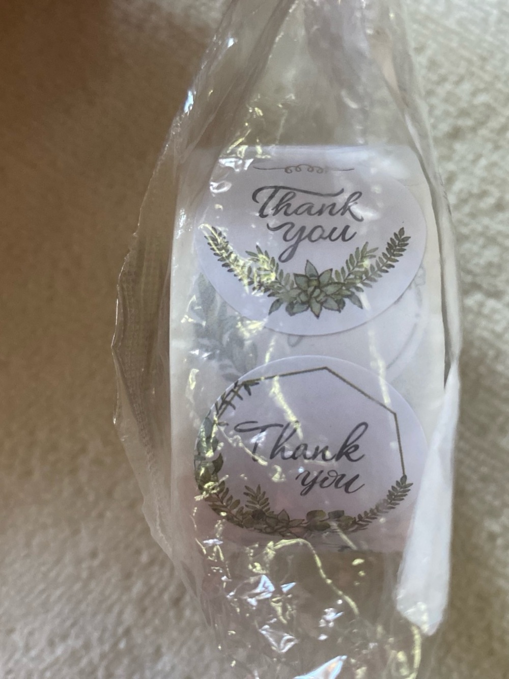 Thank You Sticker Seals - White with Green Leaf Design